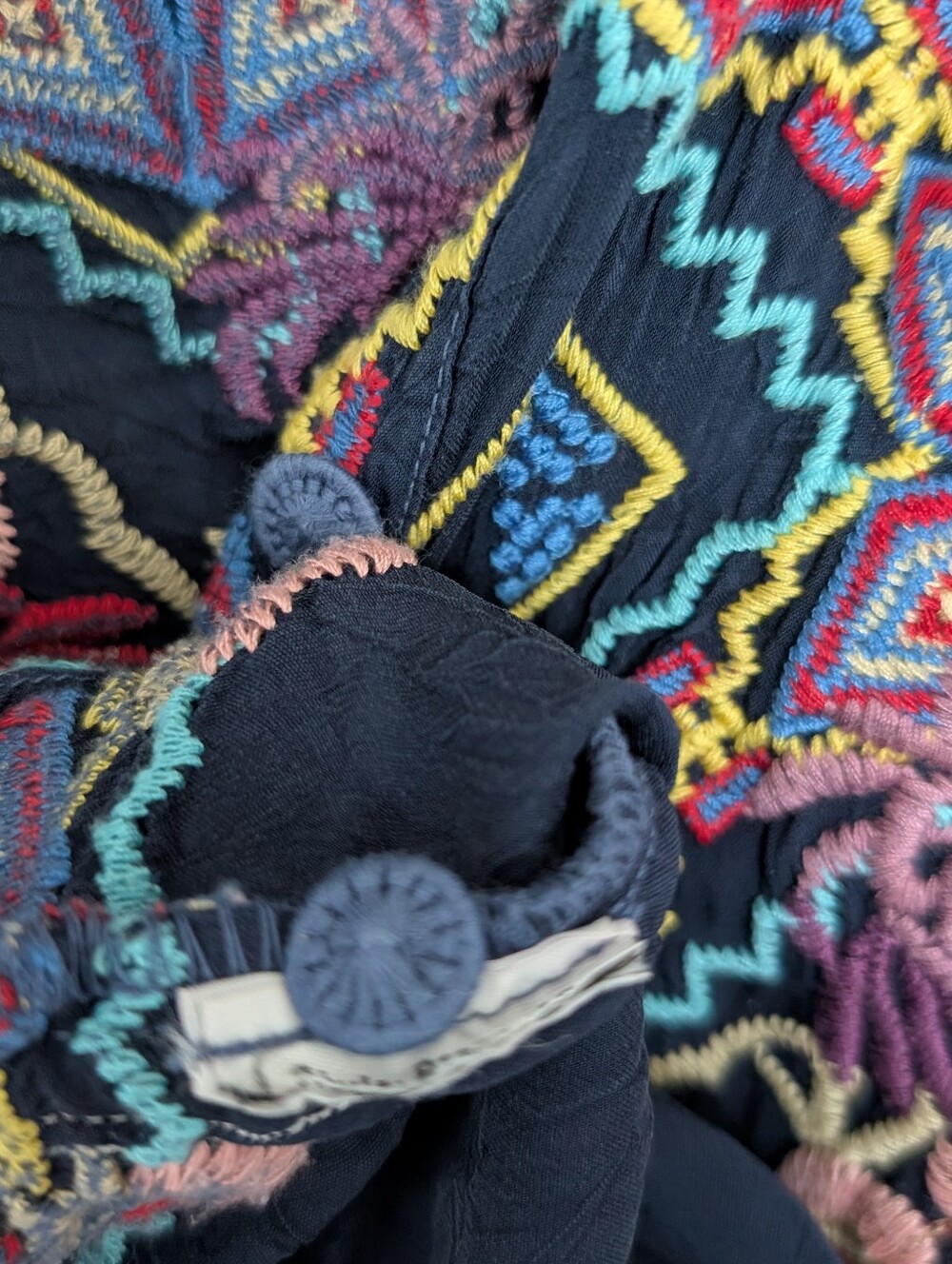 Johnny Was Blouse Women Blue Sz S Tuscany Night Embroidered Oversized Button-Up - Picture 9 of 12